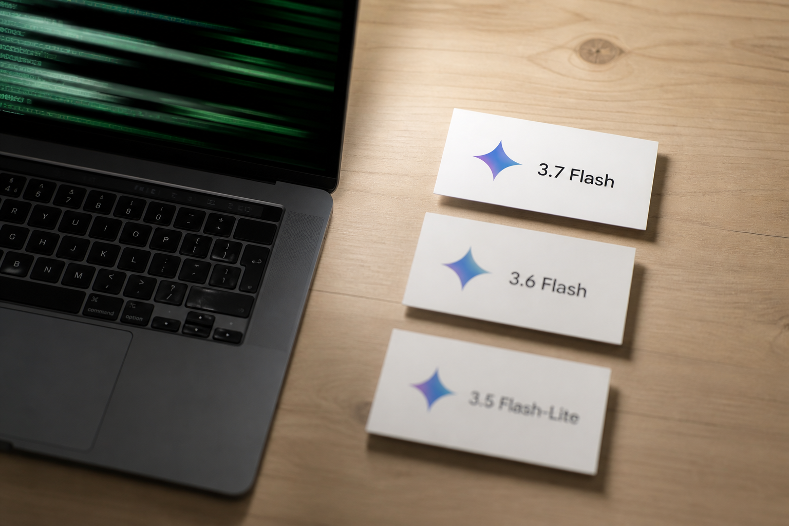 Tarjetas impresas con las versiones de los modelos Gemini Flash sobre un escritorio