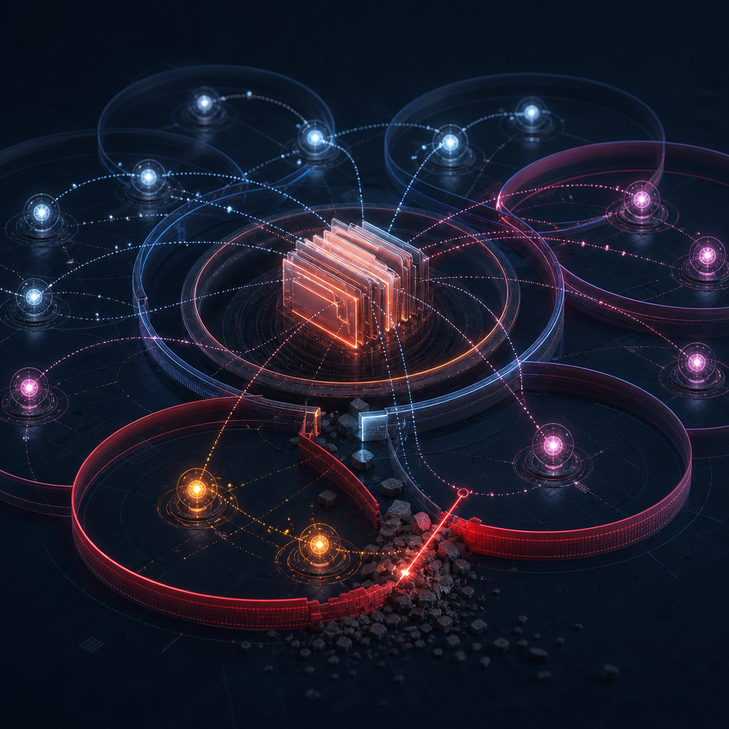 Ilustración conceptual de agentes de inteligencia artificial coordinándose alrededor de un repositorio compartido