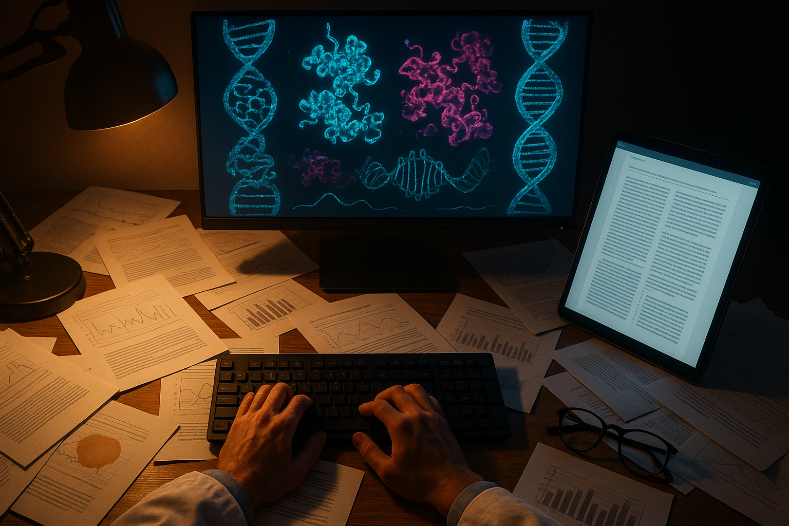 Científico trabajando con visualización de datos genómicos en monitor
