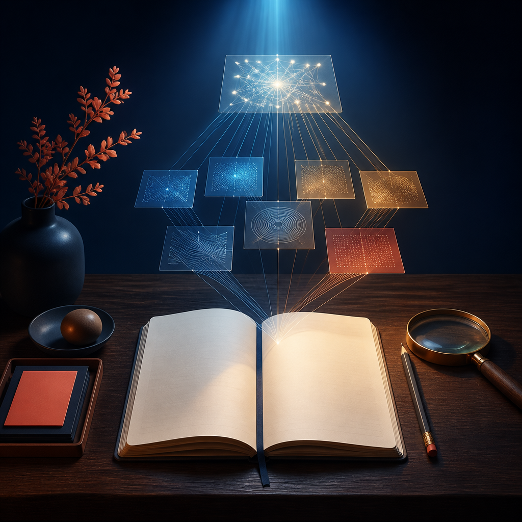 Libro, lupa y red abstracta como símbolo de pensamiento crítico