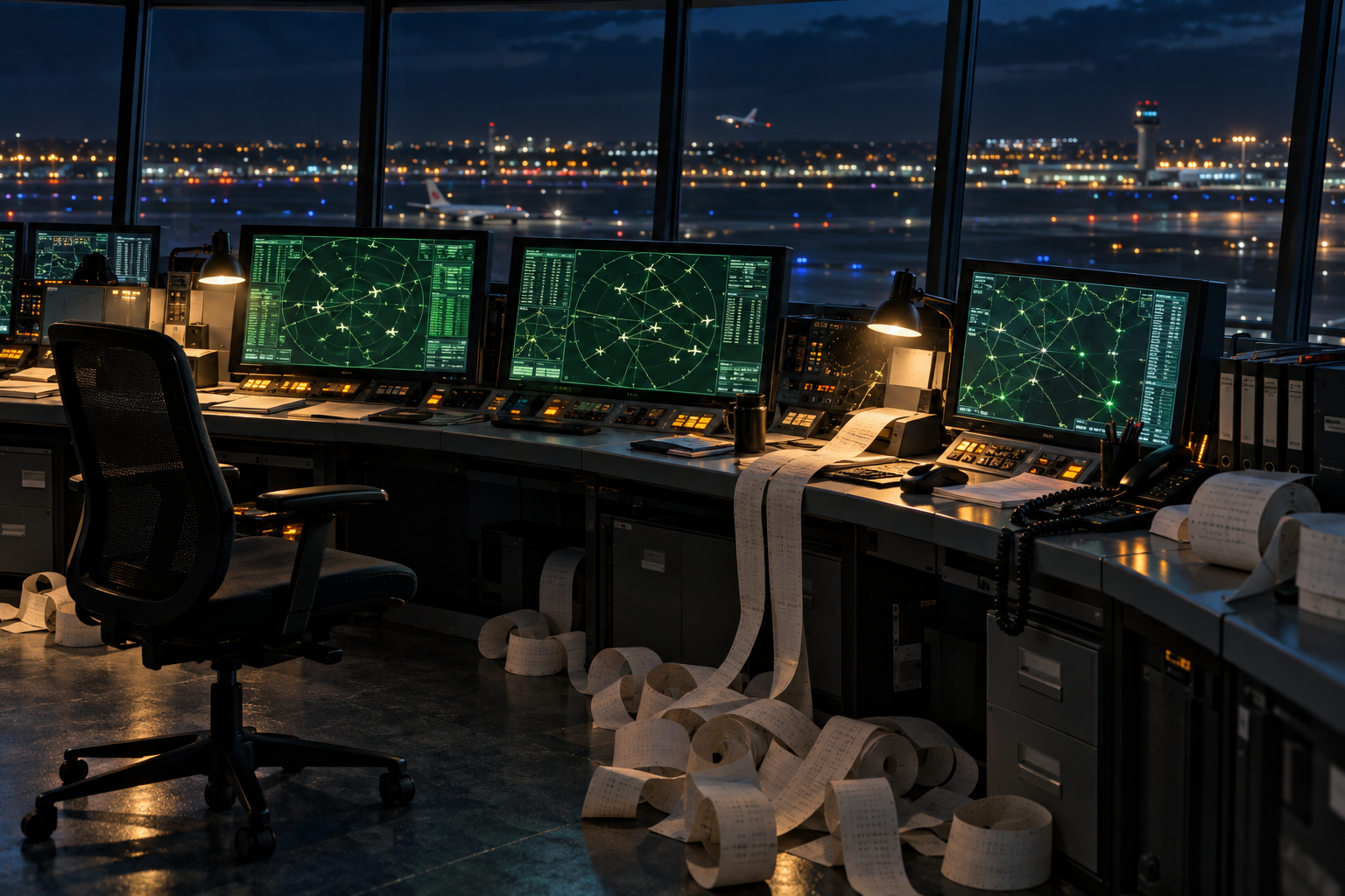 Sala de control de tráfico aéreo nocturna con radar y cientos de trayectorias registradas
