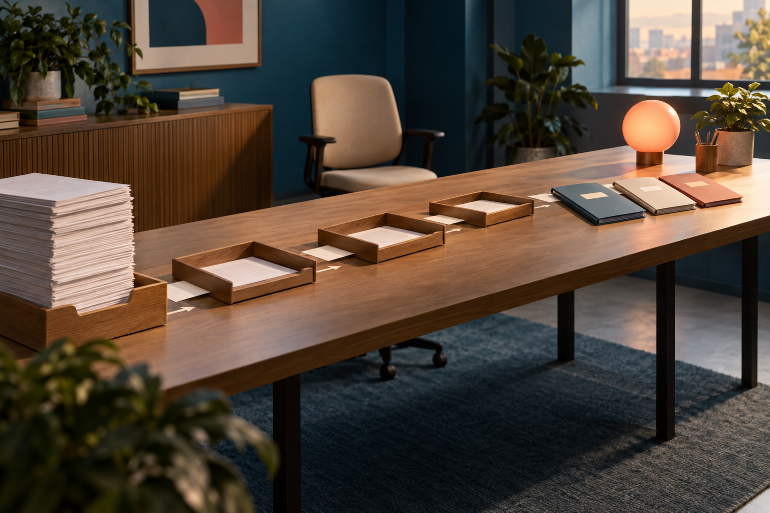 Mesa de trabajo con bandejas que ordenan documentos de pendientes a terminados, junto a una lámpara encendida