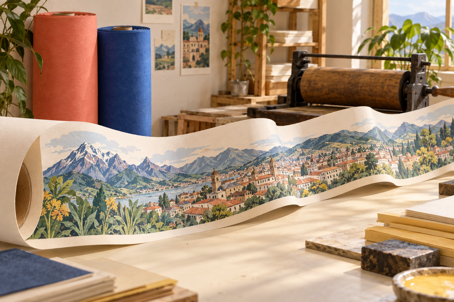 Una panorámica andina continua sobre una tira de papel en una imprenta artesanal